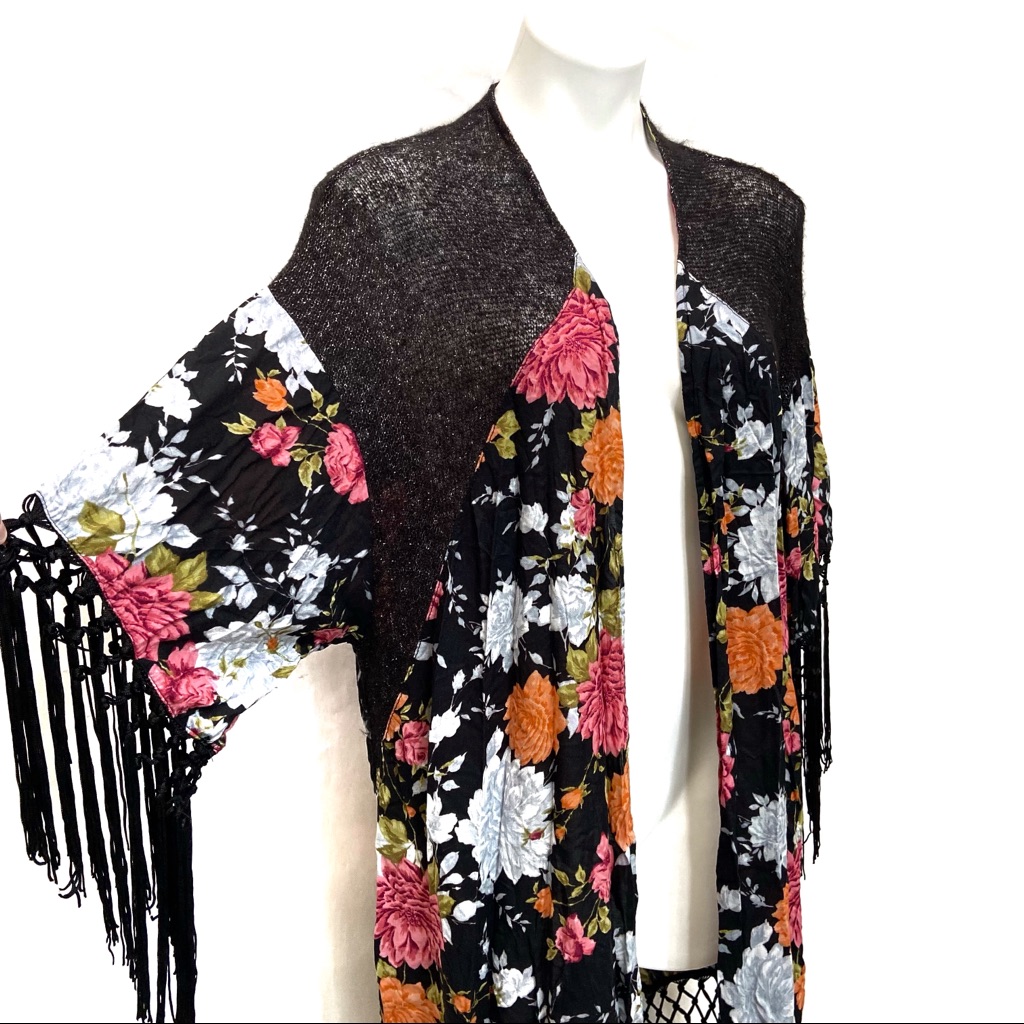 Anthropologie Sloane Rouge Floral Fringe Kimono Boho Layer Cardigan Wrap Shawl